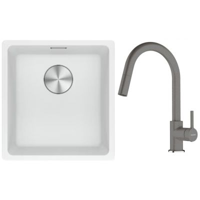 Franke Maris MRG 110-37 zlewozmywak 40x37 cm Fragranite biały polarny z baterią kuchenną Lina kamienny szary (1250687251, 1150626057)