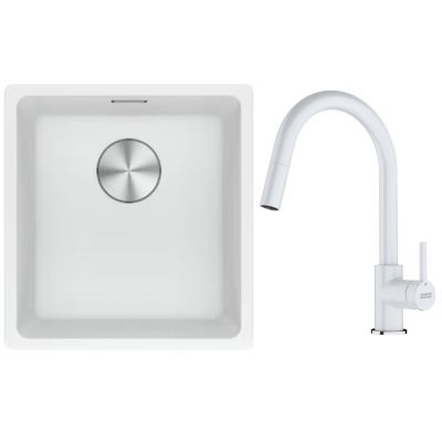 Franke Maris MRG 110-37 zlewozmywak 40x37 cm Fragranite biały polarny z baterią kuchenną Lina biały polarny (1250687251, 1150626081)