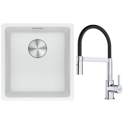 Franke Maris MRG 110-37 zlewozmywak 40x37 cm Fragranite biały polarny z baterią kuchenną Lina chrom/czarny (1250687251, 1150626085)