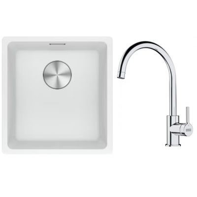 Franke Maris MRG 110-37 zlewozmywak 40x37 cm Fragranite biały polarny z baterią kuchenną Lina chrom (1250687251, 1150693228)
