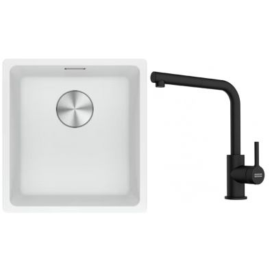 Franke Maris MRG 110-37 zlewozmywak 40x37 cm Fragranite biały polarny z baterią kuchenną Lina czarny mat (1250687251, 1150712435)