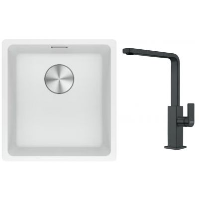 Franke Maris MRG 110-37 zlewozmywak 40x37 cm Fragranite biały polarny z baterią kuchenną Mythos czarna stal szlachetna (1250687251, 1150550441)