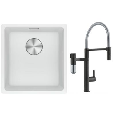 Franke Maris MRG 110-37 zlewozmywak 40x37 cm Fragranite biały polarny z baterią kuchenną Vital Semi-Pro czarny mat/stal (1250687251, 1200621313)