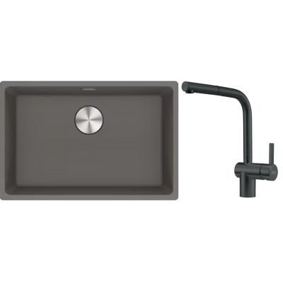 Franke Maris MRG 110-62 zlewozmywak 62x40 cm Fragranite kamienny szary z baterią kuchenną Atlas czarna stal szlachetna (1250687258, 1150550427)