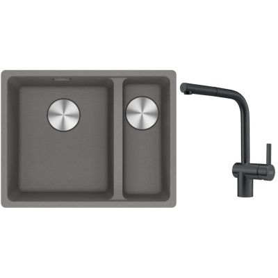 Franke Maris MRG 160-34-15SBR zlewozmywak 52x40 cm Fragranite kamienny szary z baterią kuchenną Atlas czarna stal szlachetna (1250687266, 1150550427)