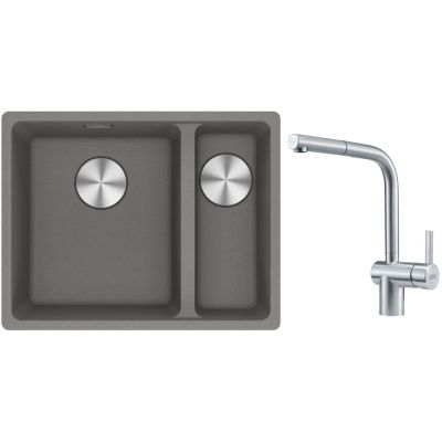 Franke Maris MRG 160-34-15SBR zlewozmywak 52x40 cm Fragranite kamienny szary z baterią kuchenną Atlas stal szlachetna (1250687266, 1150521439)