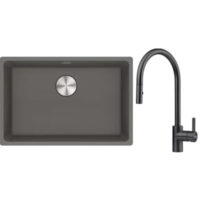 Franke Maris MRG 110-62 zlewozmywak 62x40 cm Fragranite kamienny szary z baterią kuchenną Eos czarna stal szlachetna (1250687258, 1150613671)