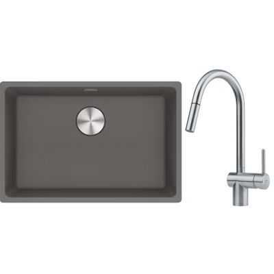 Franke Maris MRG 110-62 zlewozmywak 62x40 cm Fragranite kamienny szary z baterią kuchenną Leda Neo stal szlachetna (1250687258, 1150590047)