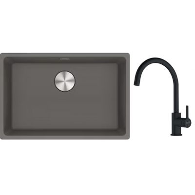 Franke Maris MRG 110-62 zlewozmywak 62x40 cm Fragranite kamienny szary z baterią kuchenną Lina czarny mat (1250687258, 1150626019)