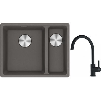 Franke Maris MRG 160-34-15SBR zlewozmywak 52x40 cm Fragranite kamienny szary z baterią kuchenną Lina czarny mat (1250687266, 1150626019)