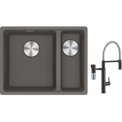 Franke Maris MRG 160-34-15SBR zlewozmywak 52x40 cm Fragranite kamienny szary z baterią kuchenną Vital Semi-Pro czarny mat/stal (1250687266, 1200621313)