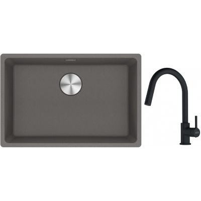 Franke Maris MRG 110-62 zlewozmywak 62x40 cm Fragranite kamienny szary z baterią kuchenną Lina czarny mat (1250687258, 1150626053)
