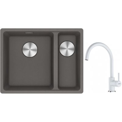 Franke Maris MRG 160-34-15SBR zlewozmywak 52x40 cm Fragranite kamienny szary z baterią kuchenną Lina biały polarny (1250687266, 1150626024)