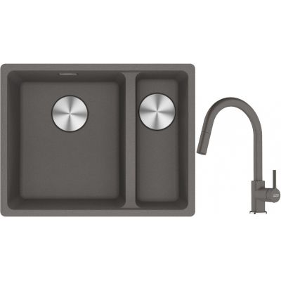 Franke Maris MRG 160-34-15SBR zlewozmywak 52x40 cm Fragranite kamienny szary z baterią kuchenną Lina kamienny szary (1250687266, 1150626057)