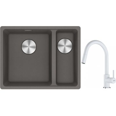 Franke Maris MRG 160-34-15SBR zlewozmywak 52x40 cm Fragranite kamienny szary z baterią kuchenną Lina biały polarny (1250687266, 1150626081)