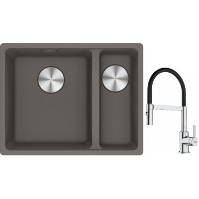 Franke Maris MRG 160-34-15SBR zlewozmywak 52x40 cm Fragranite kamienny szary z baterią kuchenną Lina chrom/czarny (1250687266, 1150626085)
