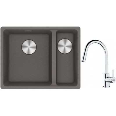 Franke Maris MRG 160-34-15SBR zlewozmywak 52x40 cm Fragranite kamienny szary z baterią kuchenną Lina chrom (1250687266, 1150693229)