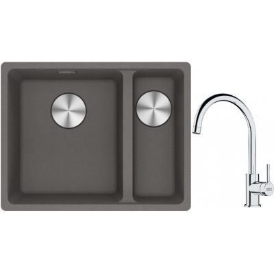 Franke Maris MRG 160-34-15SBR zlewozmywak 52x40 cm Fragranite kamienny szary z baterią kuchenną Lina chrom (1250687266, 1150693228)