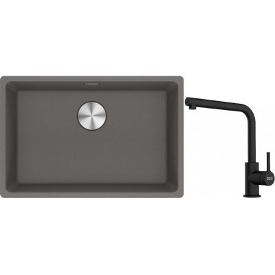 Franke Maris MRG 110-62 zlewozmywak 62x40 cm Fragranite kamienny szary z baterią kuchenną Lina czarny mat (1250687258, 1150712435)