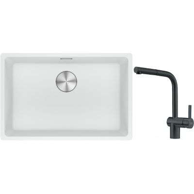 Franke Maris MRG 110-62 zlewozmywak 62x40 cm Fragranite biały polarny z baterią kuchenną Atlas czarna stal szlachetna (1250687259, 1150550427)
