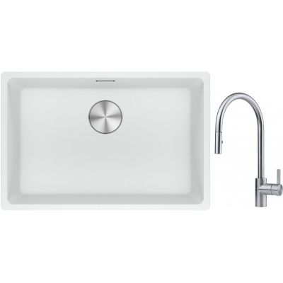 Franke Maris MRG 110-62 zlewozmywak 62x40 cm Fragranite biały polarny z baterią kuchenną Eos stal szlachetna (1250687259, 1150590045)