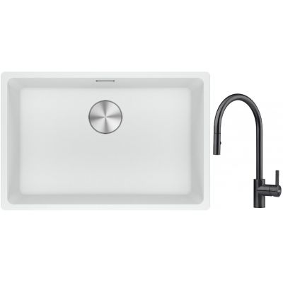 Franke Maris MRG 110-62 zlewozmywak 62x40 cm Fragranite biały polarny z baterią kuchenną Eos czarna stal szlachetna (1250687259, 1150613671)