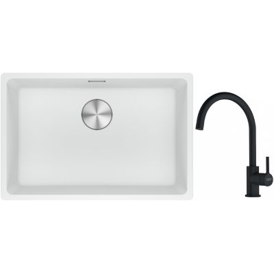 Franke Maris MRG 110-62 zlewozmywak 62x40 cm Fragranite biały polarny z baterią kuchenną Lina czarny mat (1250687259, 1150626019)