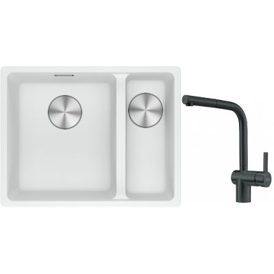 Franke Maris MRG 160-34-15SBR zlewozmywak 52x40 cm Fragranite biały polarny z baterią kuchenną Atlas czarna stal szlachetna (1250687267, 1150550427)