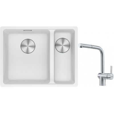 Franke Maris MRG 160-34-15SBR zlewozmywak 52x40 cm Fragranite biały polarny z baterią kuchenną Atlas stal szlachetna (1250687267, 1150521439)