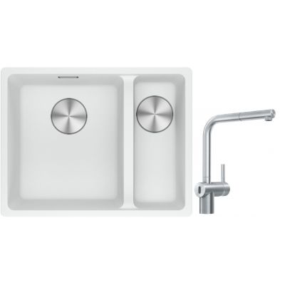 Franke Maris MRG 160-34-15SBR zlewozmywak 52x40 cm Fragranite biały polarny z baterią kuchenną Atlas Neo Sensor stal szlachetna (1250687267, 1150625523)