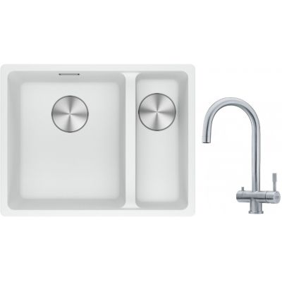 Franke Maris MRG 160-34-15SBR zlewozmywak 52x40 cm Fragranite biały polarny z baterią kuchenną Eos stal szlachetna (1250687267, 1200179979)