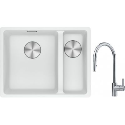 Franke Maris MRG 160-34-15SBR zlewozmywak 52x40 cm Fragranite biały polarny z baterią kuchenną Eos stal szlachetna (1250687267, 1150590045)