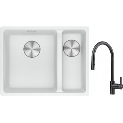 Franke Maris MRG 160-34-15SBR zlewozmywak 52x40 cm Fragranite biały polarny z baterią kuchenną Eos czarna stal szlachetna (1250687267, 1150613671)