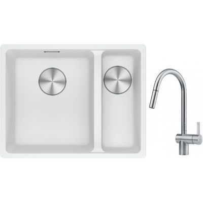 Franke Maris MRG 160-34-15SBR zlewozmywak 52x40 cm Fragranite biały polarny z baterią kuchenną Leda Neo stal szlachetna (1250687267, 1150590047)