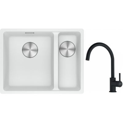 Franke Maris MRG 160-34-15SBR zlewozmywak 52x40 cm Fragranite biały polarny z baterią kuchenną Lina czarny mat (1250687267, 1150626019)
