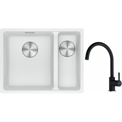 Franke Maris MRG 160-34-15SBR zlewozmywak 52x40 cm Fragranite biały polarny z baterią kuchenną Lina onyx (1250687267, 1150626020)