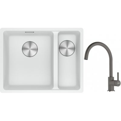 Franke Maris MRG 160-34-15SBR zlewozmywak 52x40 cm Fragranite biały polarny z baterią kuchenną Lina kamienny szary (1250687267, 1150626022)