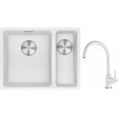 Franke Maris MRG 160-34-15SBR zlewozmywak 52x40 cm Fragranite biały polarny z baterią kuchenną Lina biały polarny (1250687267, 1150626024)