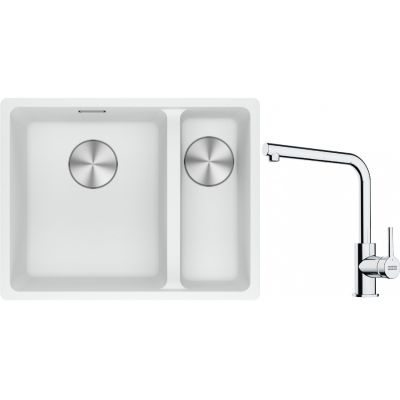 Franke Maris MRG 160-34-15SBR zlewozmywak 52x40 cm Fragranite biały polarny z baterią kuchenną Lina chrom (1250687267, 1150712420)