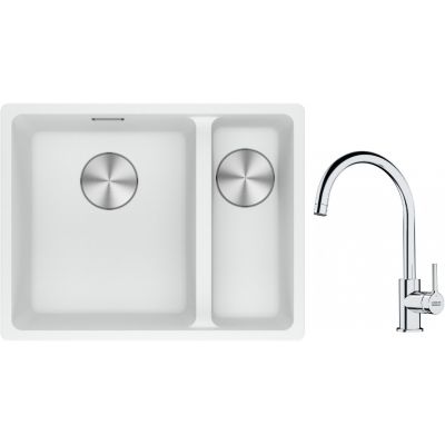 Franke Maris MRG 160-34-15SBR zlewozmywak 52x40 cm Fragranite biały polarny z baterią kuchenną Lina chrom (1250687267, 1150693228)