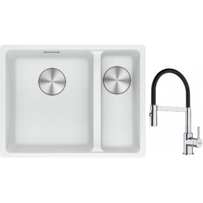 Franke Maris MRG 160-34-15SBR zlewozmywak 52x40 cm Fragranite biały polarny z baterią kuchenną Lina chrom/czarny (1250687267, 1150626085)