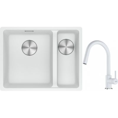 Franke Maris MRG 160-34-15SBR zlewozmywak 52x40 cm Fragranite biały polarny z baterią kuchenną Lina biały polarny (1250687267, 1150626081)