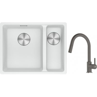 Franke Maris MRG 160-34-15SBR zlewozmywak 52x40 cm Fragranite biały polarny z baterią kuchenną Lina kamienny szary (1250687267, 1150626057)