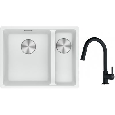 Franke Maris MRG 160-34-15SBR zlewozmywak 52x40 cm Fragranite biały polarny z baterią kuchenną Lina onyx (1250687267, 1150626055)