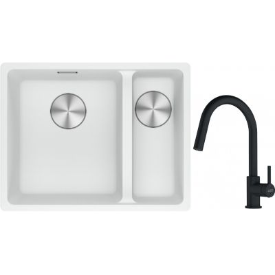 Franke Maris MRG 160-34-15SBR zlewozmywak 52x40 cm Fragranite biały polarny z baterią kuchenną Lina czarny mat (1250687267, 1150626053)