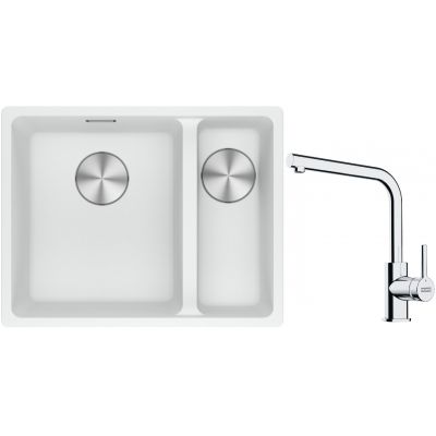 Franke Maris MRG 160-34-15SBR zlewozmywak 52x40 cm Fragranite biały polarny z baterią kuchenną Lina chrom (1250687267, 1150693230)