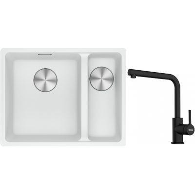Franke Maris MRG 160-34-15SBR zlewozmywak 52x40 cm Fragranite biały polarny z baterią kuchenną Lina czarny mat (1250687267, 1150712435)