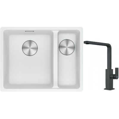 Franke Maris MRG 160-34-15SBR zlewozmywak 52x40 cm Fragranite biały polarny z baterią kuchenną Mythos czarna stal szlachetna (1250687267, 1150550441)