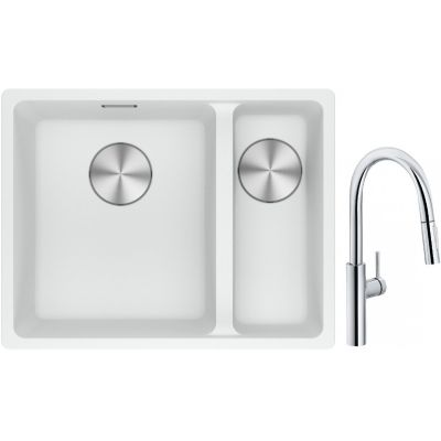 Franke Maris MRG 160-34-15SBR zlewozmywak 52x40 cm Fragranite biały polarny z baterią kuchenną Pescara L Slide-In chrom (1250687267, 1150538940)