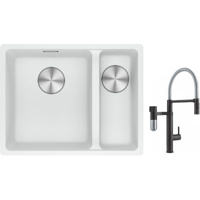 Franke Maris MRG 160-34-15SBR zlewozmywak 52x40 cm Fragranite biały polarny z baterią kuchenną Vital Semi-Pro czarny mat/stal (1250687267, 1200621313)